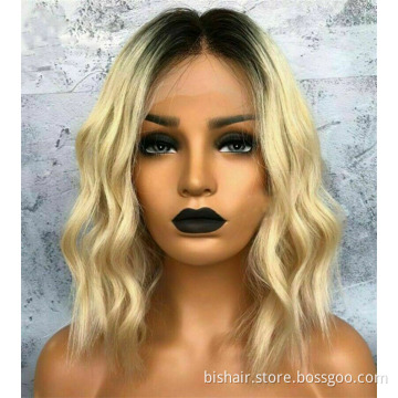Light Blonde Ombre Natural Wave Wigs 4x4 Lace Front Wig Bob 150% Density Virgin Brazilian Remy Hair Short Bob T1B/613 Wigs